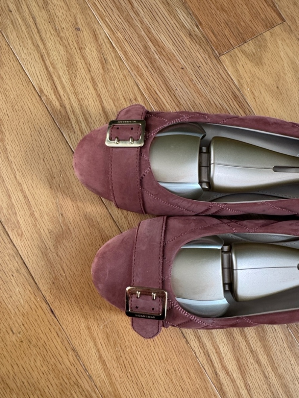 Burberry Quilted Suede Ballet Flats in Dusty Rose with Gold Buckle - Picture 2 of 7